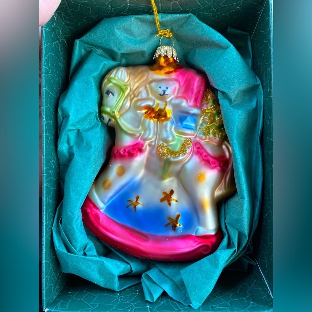 Krebs Glas Lauscha glass ornament Rocking horse w/doll and gifts. #16
